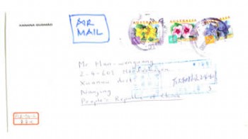 The envelop with the autograph postcard. Use Australia stamps and Covered the Australia postmark on APR 24,2000-6.00P.M. arrived date is May 2,2000 and there is a Nanjing(�Ͼ�) landing postmark.